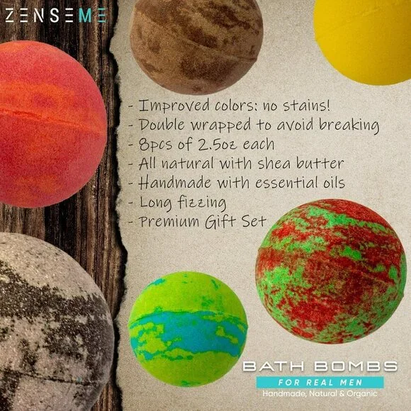 Bath Bombs for Men, Gift Set of 8 Scented Organic Handmade Bath Bombs of 2.5 oz - Picture 4 of 8